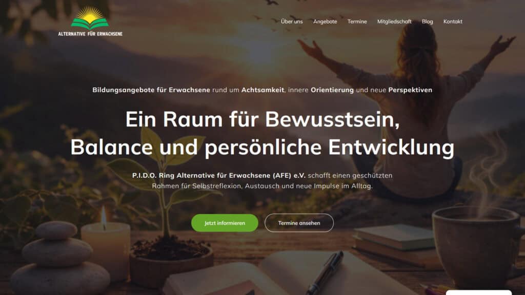 Startseite des Vereins Alternative für Erwachsene (AFE) e.V. mit Angeboten zu Achtsamkeit, persönlicher Entwicklung und innerer Balance.