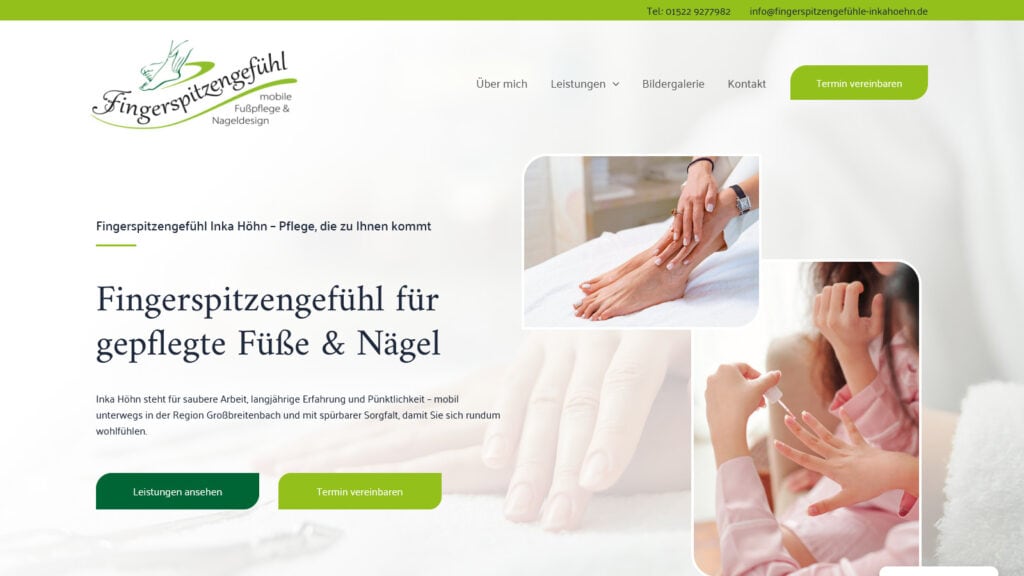Startseite der Website von Fingerspitzengefühl Inka Höhn für mobile Fußpflege und Nageldesign in Großbreitenbach