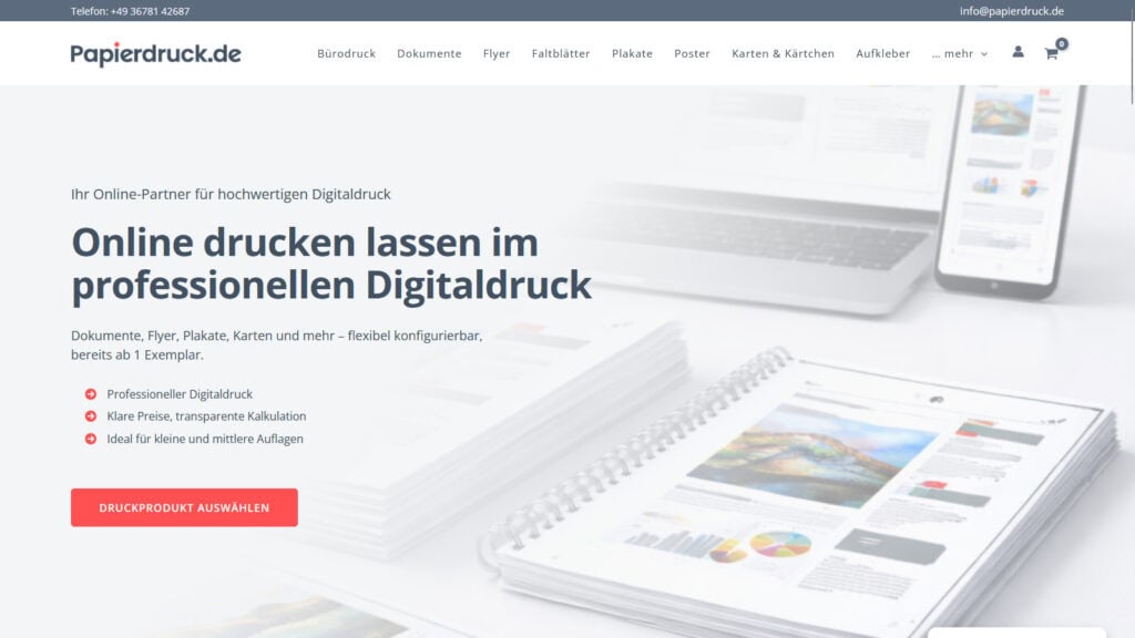 Startseite von Papierdruck.de mit Angeboten für Dokumentendruck, Flyer, Plakate und weitere Druckprodukte im professionellen Digitaldruck