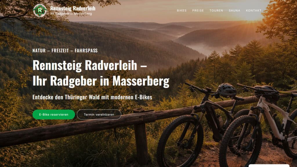 Startseite des Rennsteig Radverleihs in Masserberg mit modernen E-Bikes und Blick über den Thüringer Wald